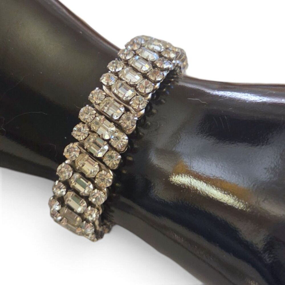 Vintage Rhinestone Expansion Bracelet Silver Tone Baguette Round Stretch AS IS